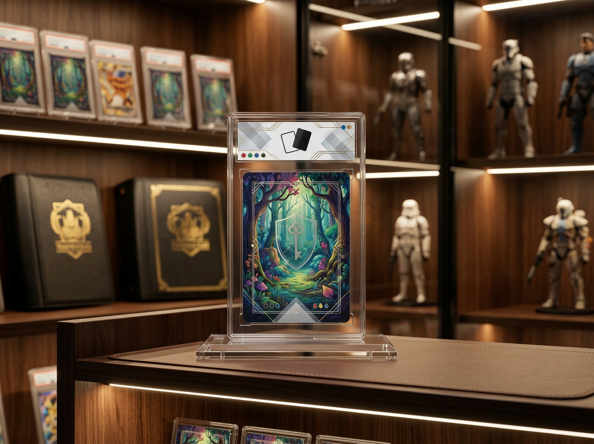 Custom card slab displayed on a collector's shelf
